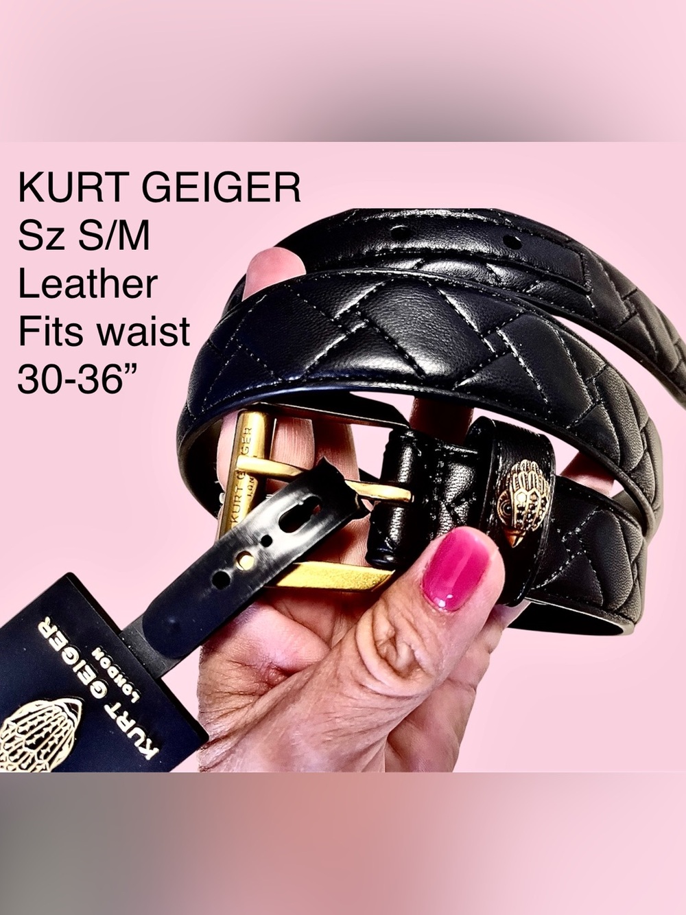 Kurt Geiger RP$118 NWT Leather Belt S/M Fits waist 30-36”goldbrassBuckle&BirdHea